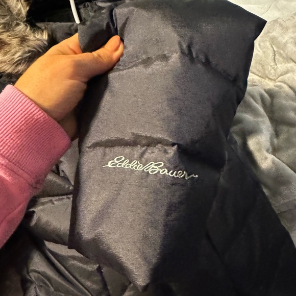 Euc Eddie Bauer Navy Blue down 3/4 length jacket medium - Picture 9 of 9